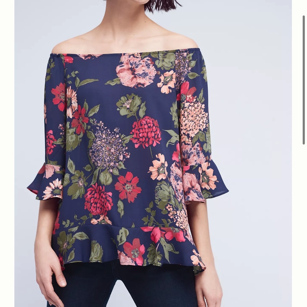 NWT Paper Crown Anthropologie Floral Off The Shoulder Tunic Top XSP XS Petite